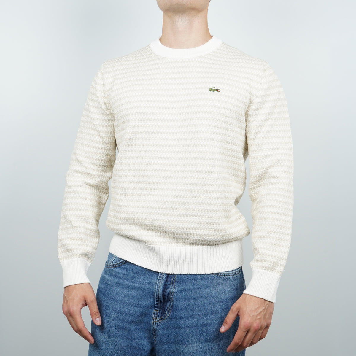 Maglione Girocollo Lacoste AH8569 WL6 Beige e Bianco Panna in Cotone Organico Jacquard a Righe con Coccodrillo Ricamato