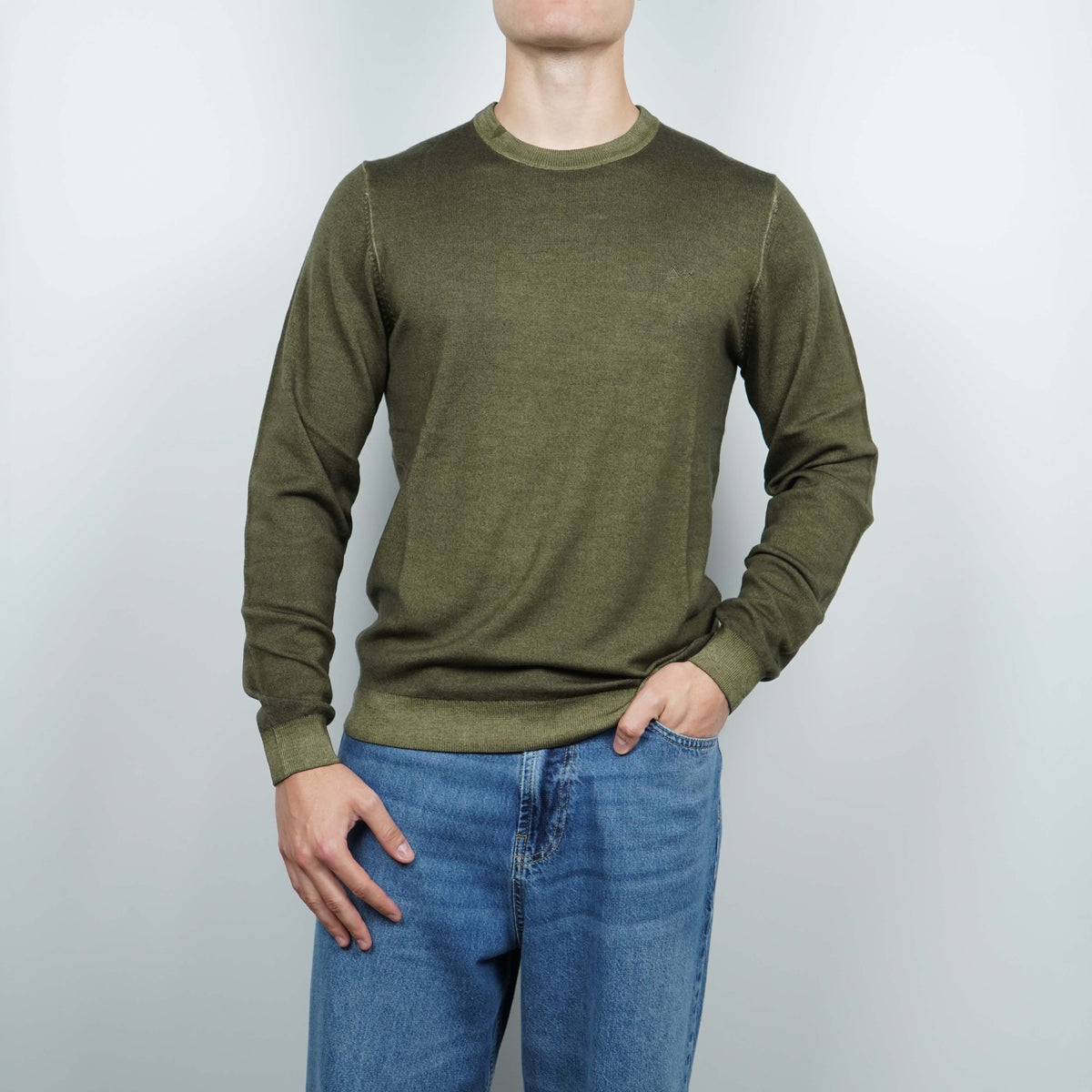 Maglione Girocollo SUN68 Vintage Dyed Wool K46129-74 Verde Militare Scuro in Lana