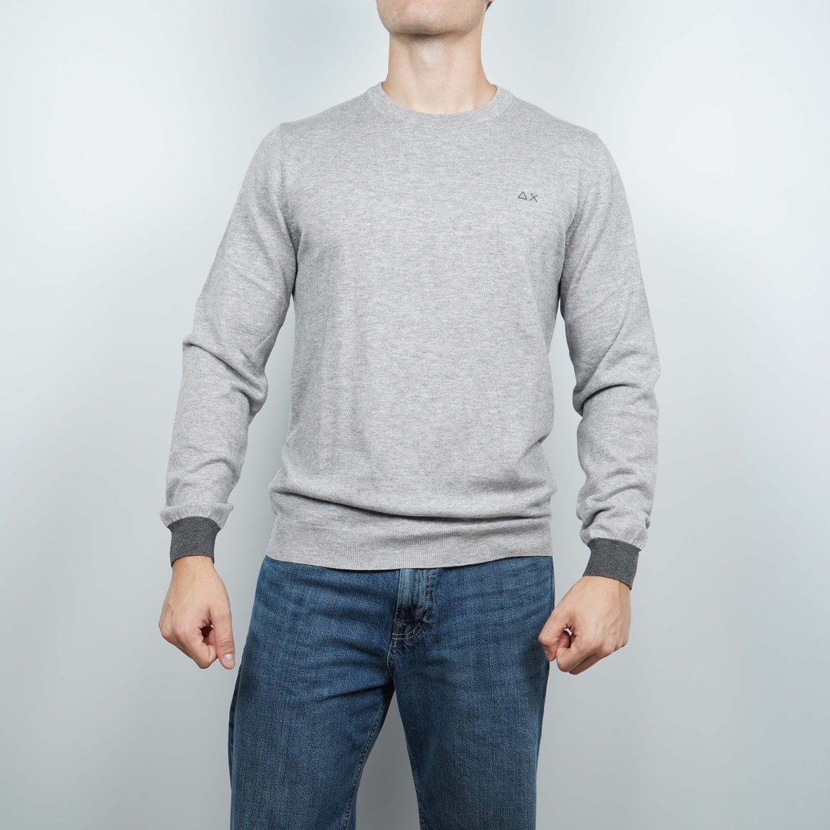 Maglione Girocollo SUN68 Sweater Elbow Contrast K46160-06 Grigio Chiaro in Lana e Cotone