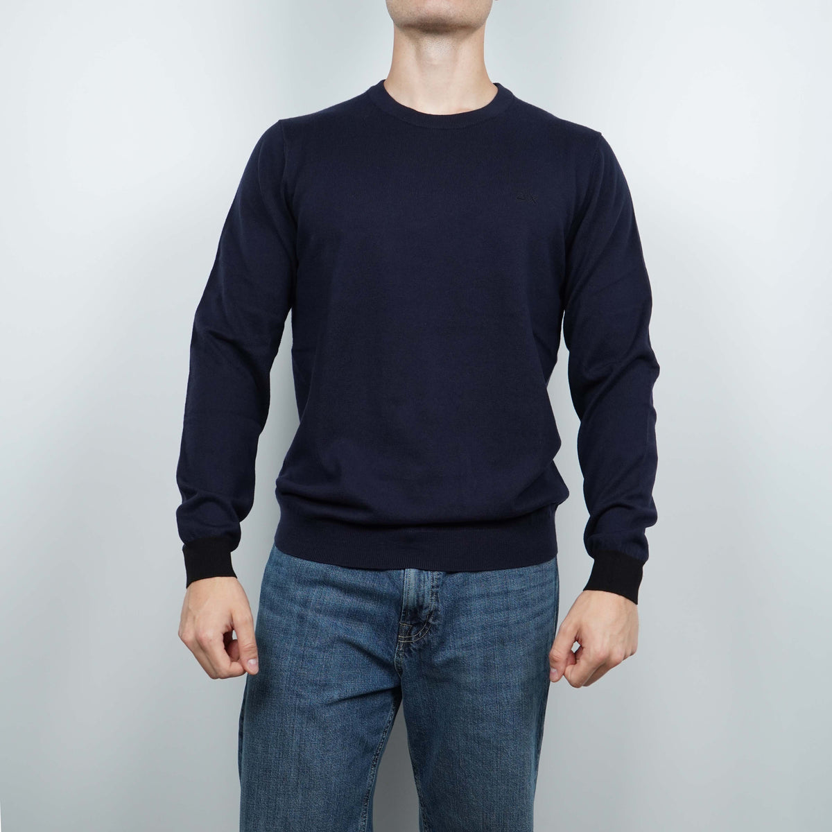 Maglione Girocollo SUN68 Sweater Elbow Contrast K46160-07 Navy Blue in Lana e Cotone