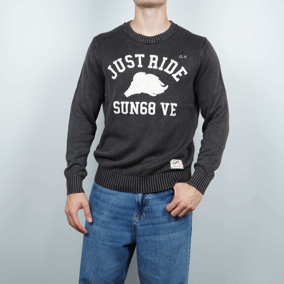 Maglione SUN68 Sweater Embroidery K46185-11 Nero in Cotone