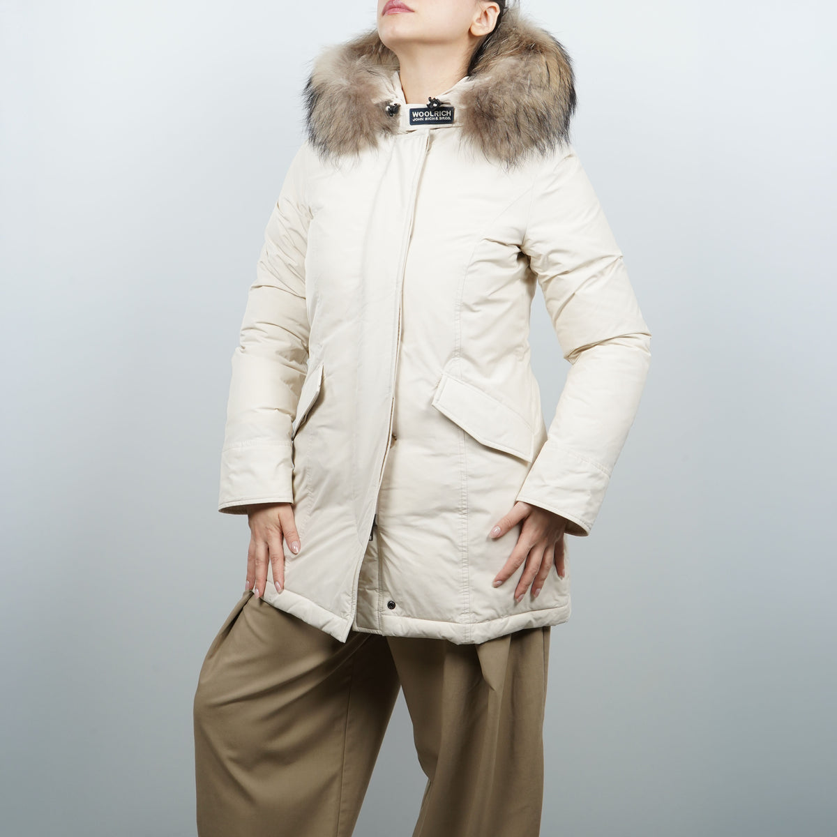 Parka Woolrich Luxury Arctic Bianco Panna con Cappuccio in Pelliccia