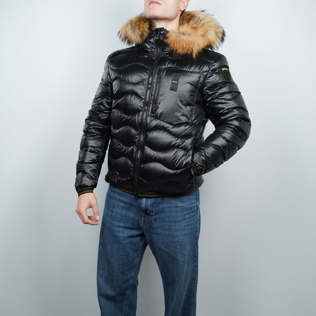 Piumino Blauer Wave Fur Nero Lucido con Cappuccio in Pelliccia Imbottito in Piuma