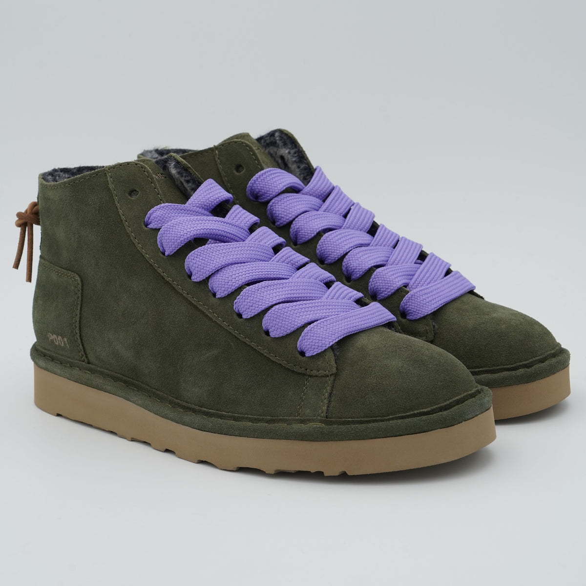 Polacchino Panchic P001 Icon P001W036 U007 in Camoscio Verde con Fodera Faux Fur, Lacci Lilla e Suola EVA