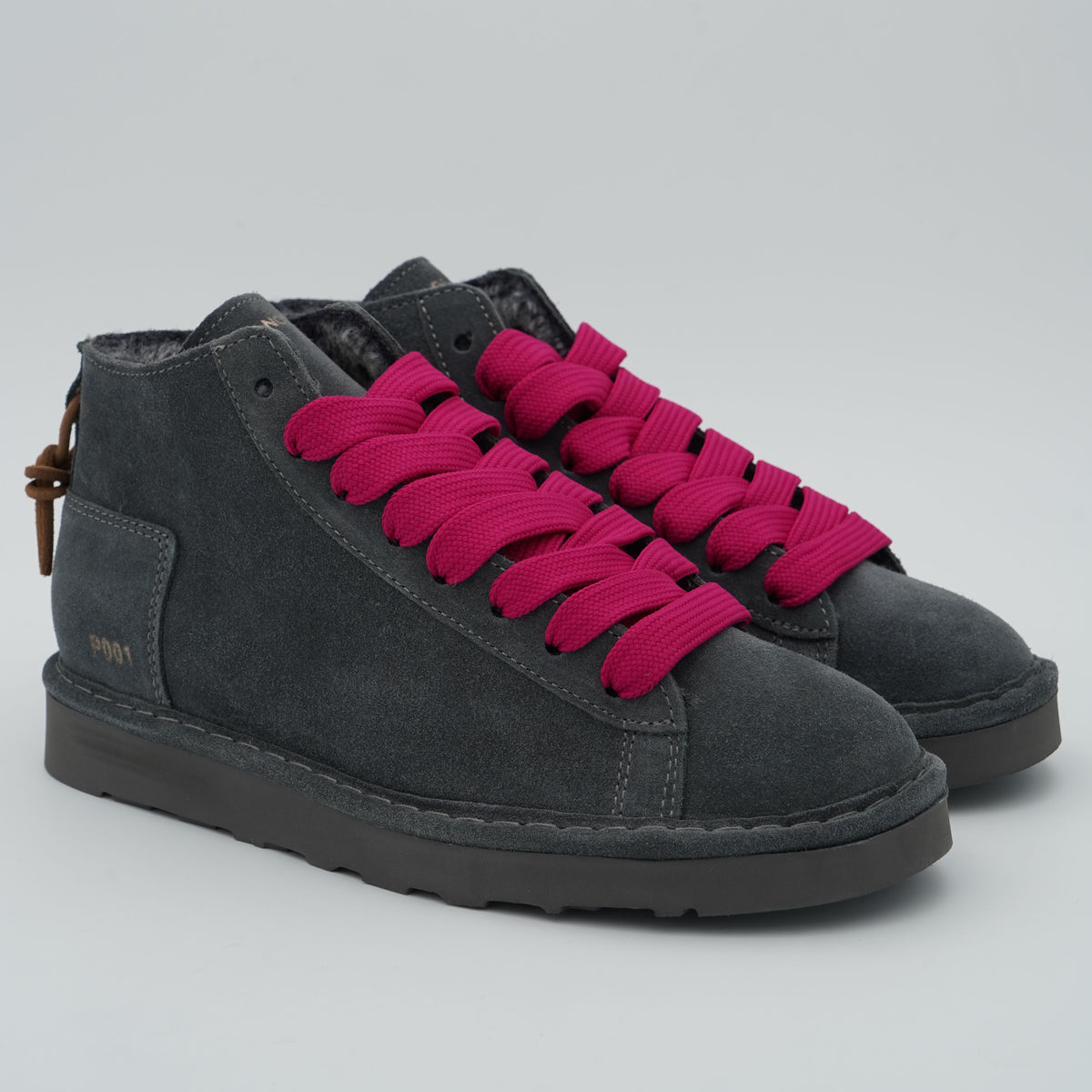 Polacchino Panchic P001 Icon P001W036 V006 in Camoscio Antracite con Fodera Faux Fur, Lacci Fucsia e Suola EVA