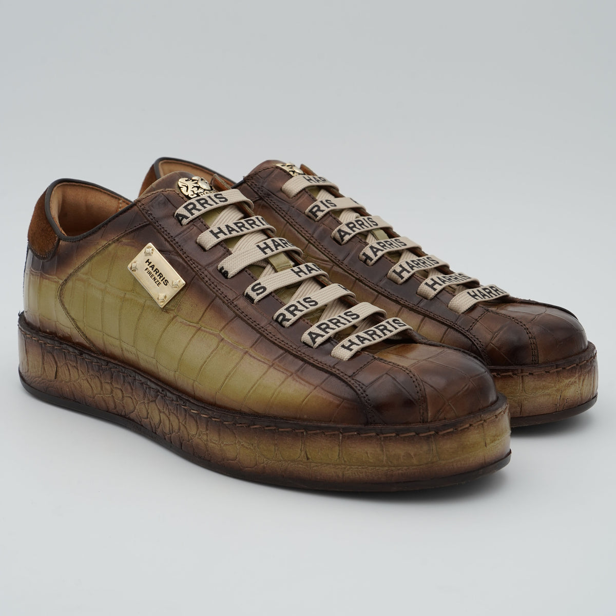 Sneakers Harris 2817 Cocco 26 Marrone e Verde Oliva in Pelle di Vitello Effetto Coccodrillo Dipinta a Mano con Suola Runner in Gomma