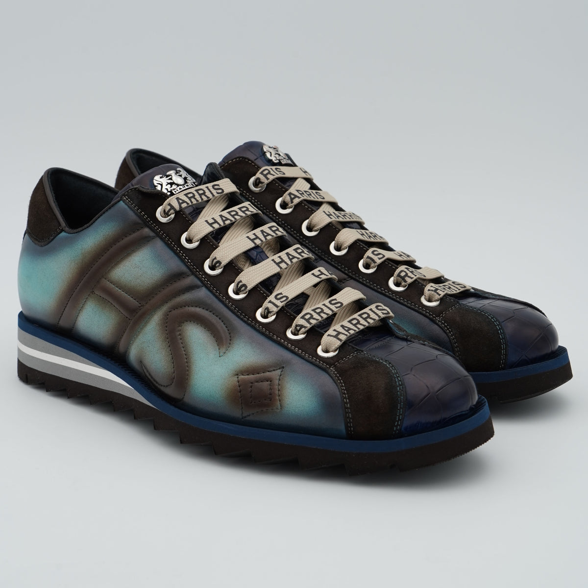 Sneaker Harris 3896 Cocco 21 Ocean in Pelle di Vitello Dipinta a Mano Blu Verde e Marrone con Inserti in Camoscio e Stampa Cocco