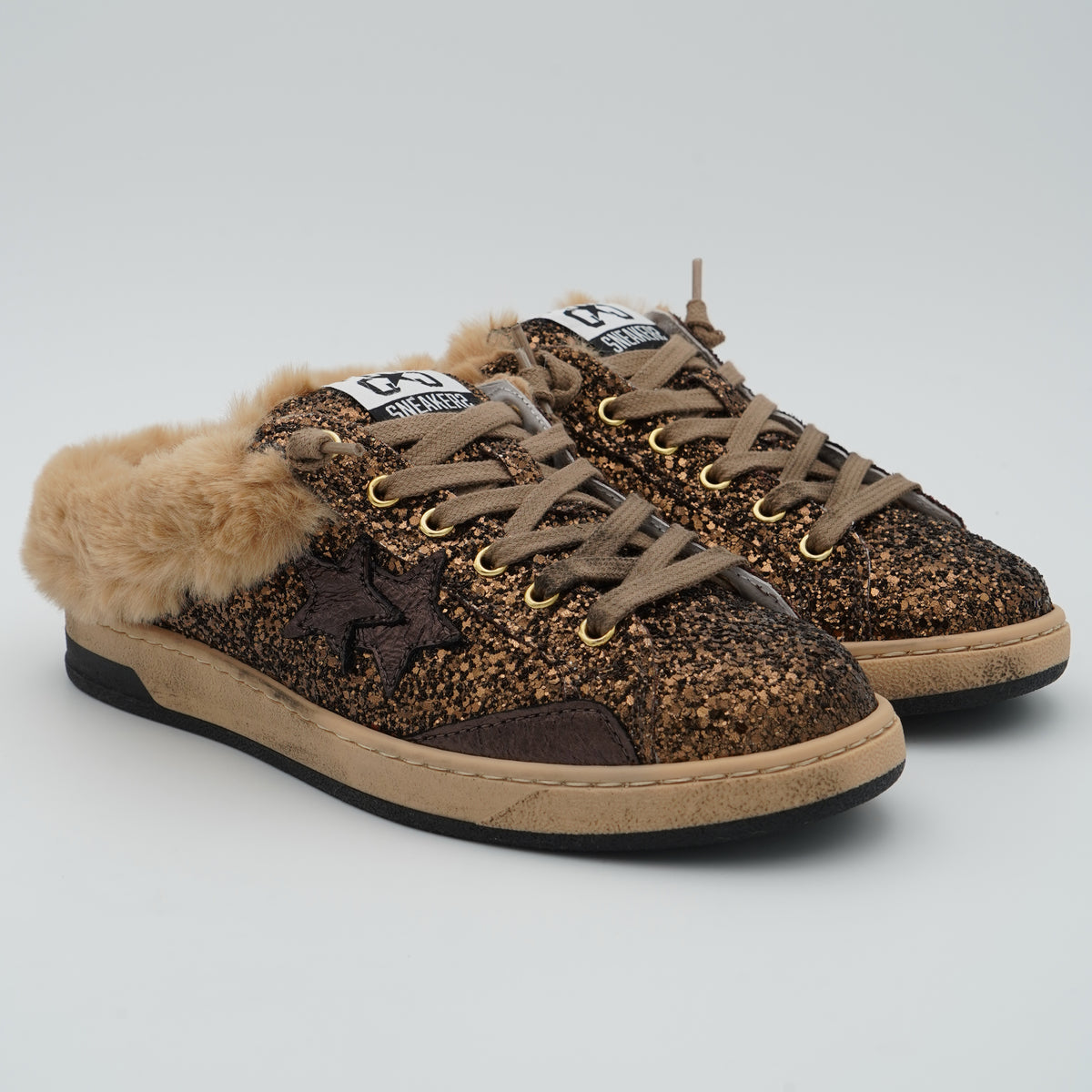Sneakers Sabot 2Star Week 5264 Marrone Beige con Glitter e Dettaglio Effetto Pelliccia