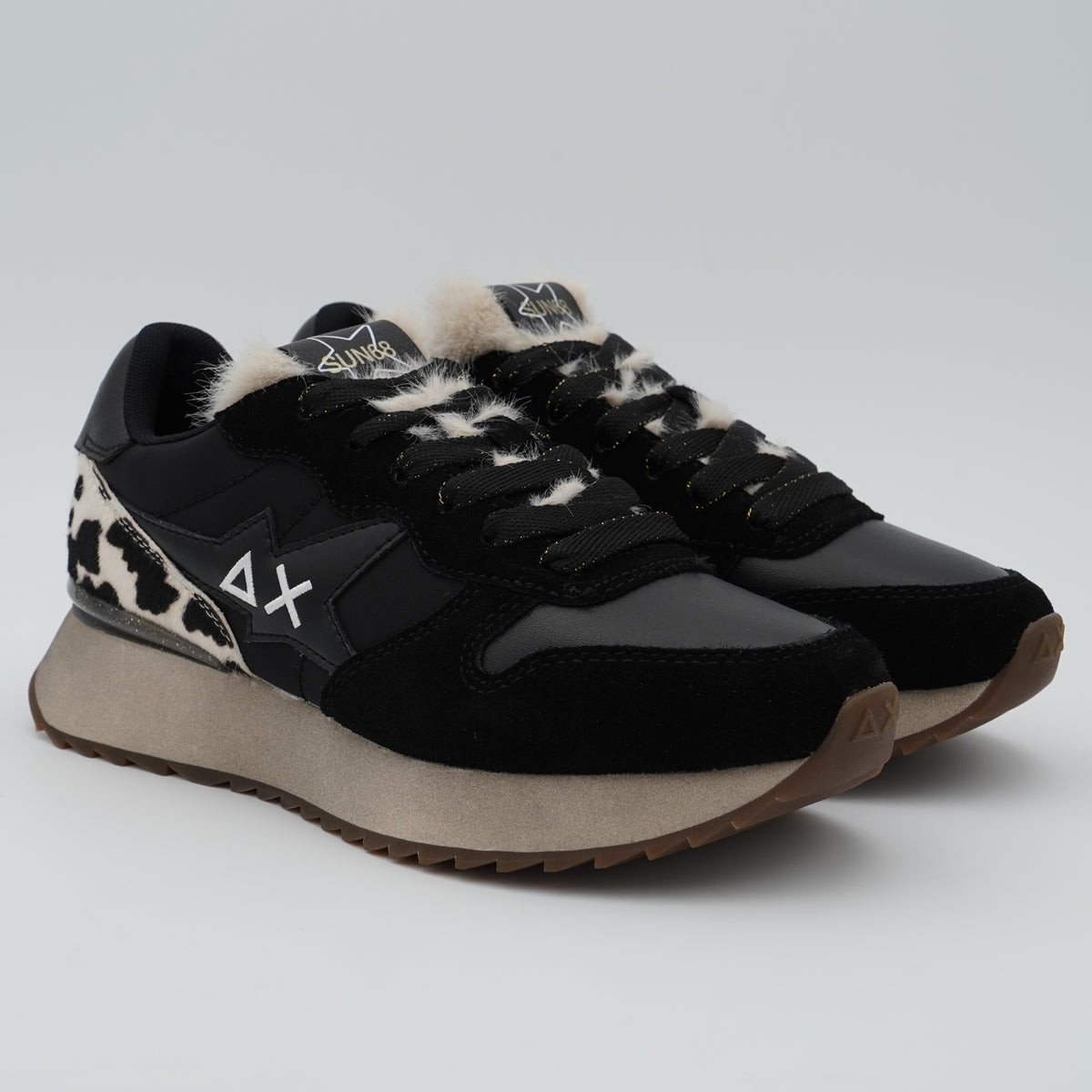 Sneakers SUN68 Stargirl Animalier Z46224 11 Nero in Nylon e Suede con Cavallino Pezzato, Linguetta in Pelliccia Sintetica e Suola EVA