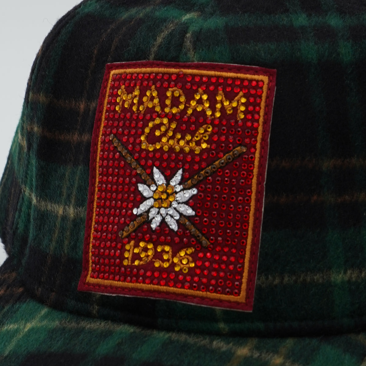 Cappello con Visiera Rue Madam Paris Chamonix Cap 1589 Verde Tartan in Misto Lana con Patch Frontale e Strass
