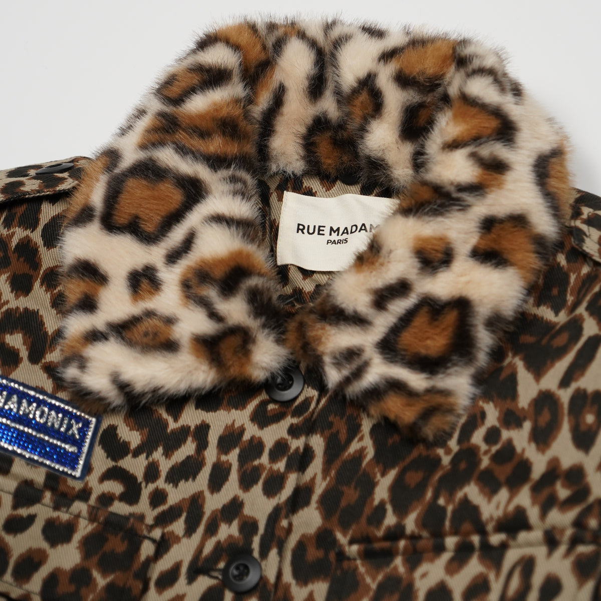 Giacca Rue Madam Paris Safari Winter Jacket 1635 Leopard Animalier in Cotone con Collo Removibile Animalier, Interno in Ecopelliccia e Patch Ricamate