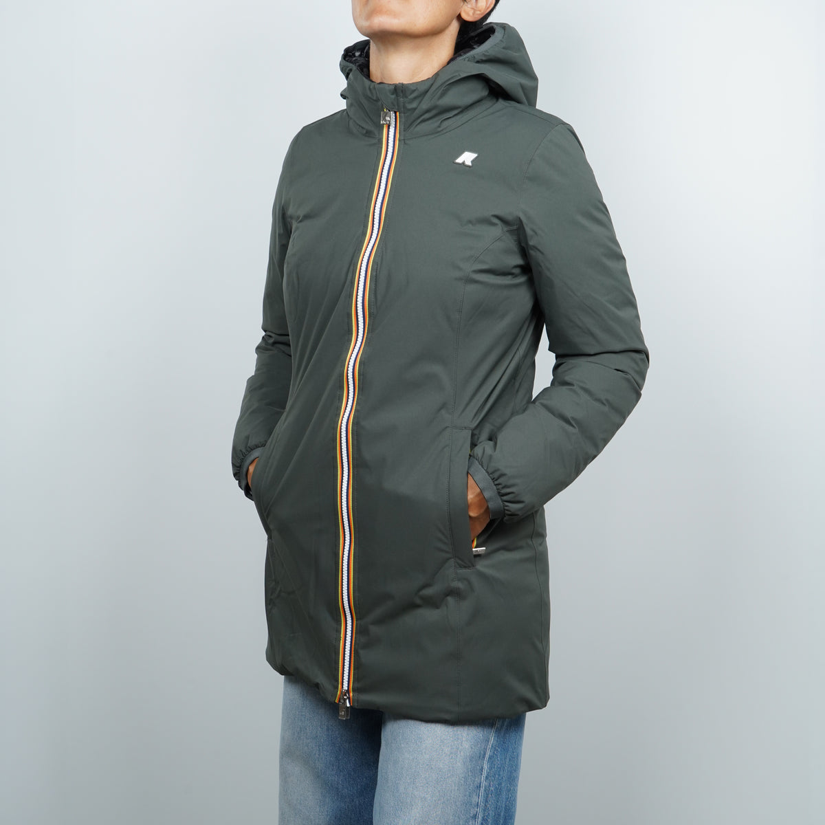 Giubbotto K-Way Denise ST Thermo Double K8134CW AGQ Verde Scuro e Nero Reversibile con Cappuccio e Imbottitura in Piuma Naturale
