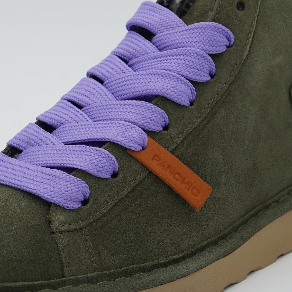 Polacchino Panchic P001 Icon P001W036 U007 in Camoscio Verde con Fodera Faux Fur, Lacci Lilla e Suola EVA