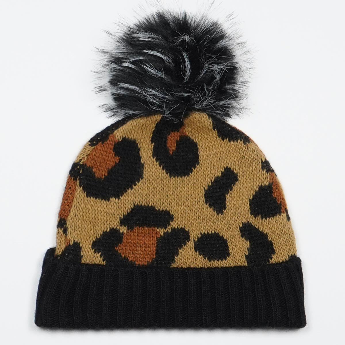 Berretto Rue Madam Paris Leopard Beanie 1601 Leopard in Misto Lana Jacquard Animalier con Risvolto Logo e Pompon in Ecopelliccia
