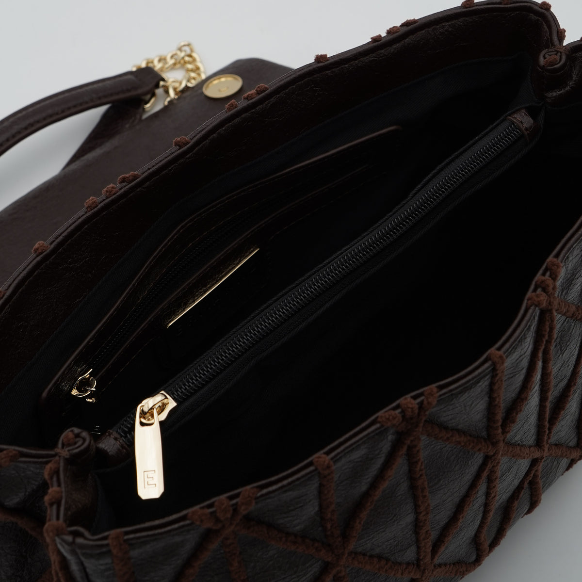 Borsa Ermanno Firenze by Ermanno Scervino Belen Flap Bag 12402280 Marrone Scuro con Patta, Trama Geometrica e Catena Dorata