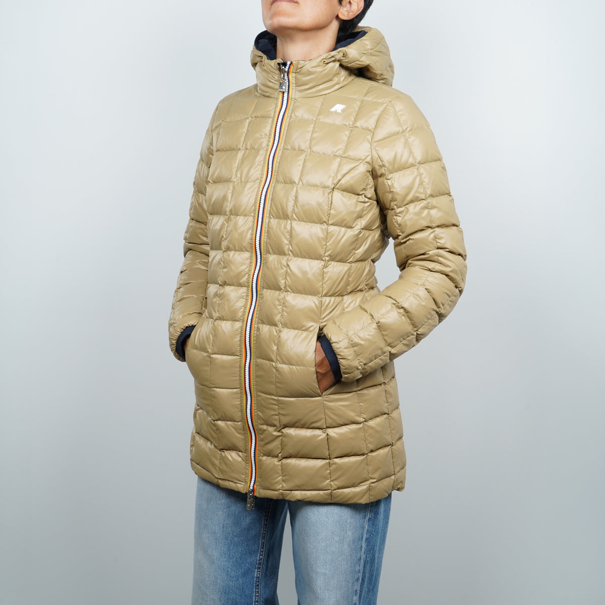 Giubbotto K-Way Denise ST Thermo Double K8134CW D0V Blu Navy e Beige Reversibile con Cappuccio e Imbottitura in Piuma Naturale
