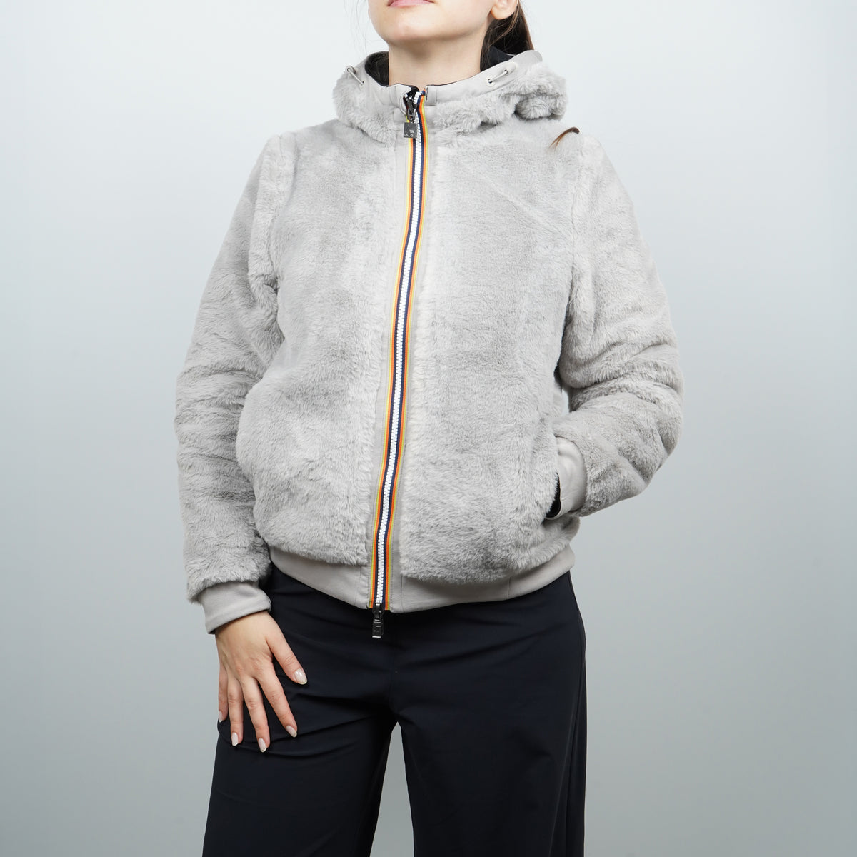 Felpa K-Way Deva Light Spacer Fur Double K31452W DBT Nera e Grigio Chiaro Reversibile con Cappuccio e Pelliccia Sintetica