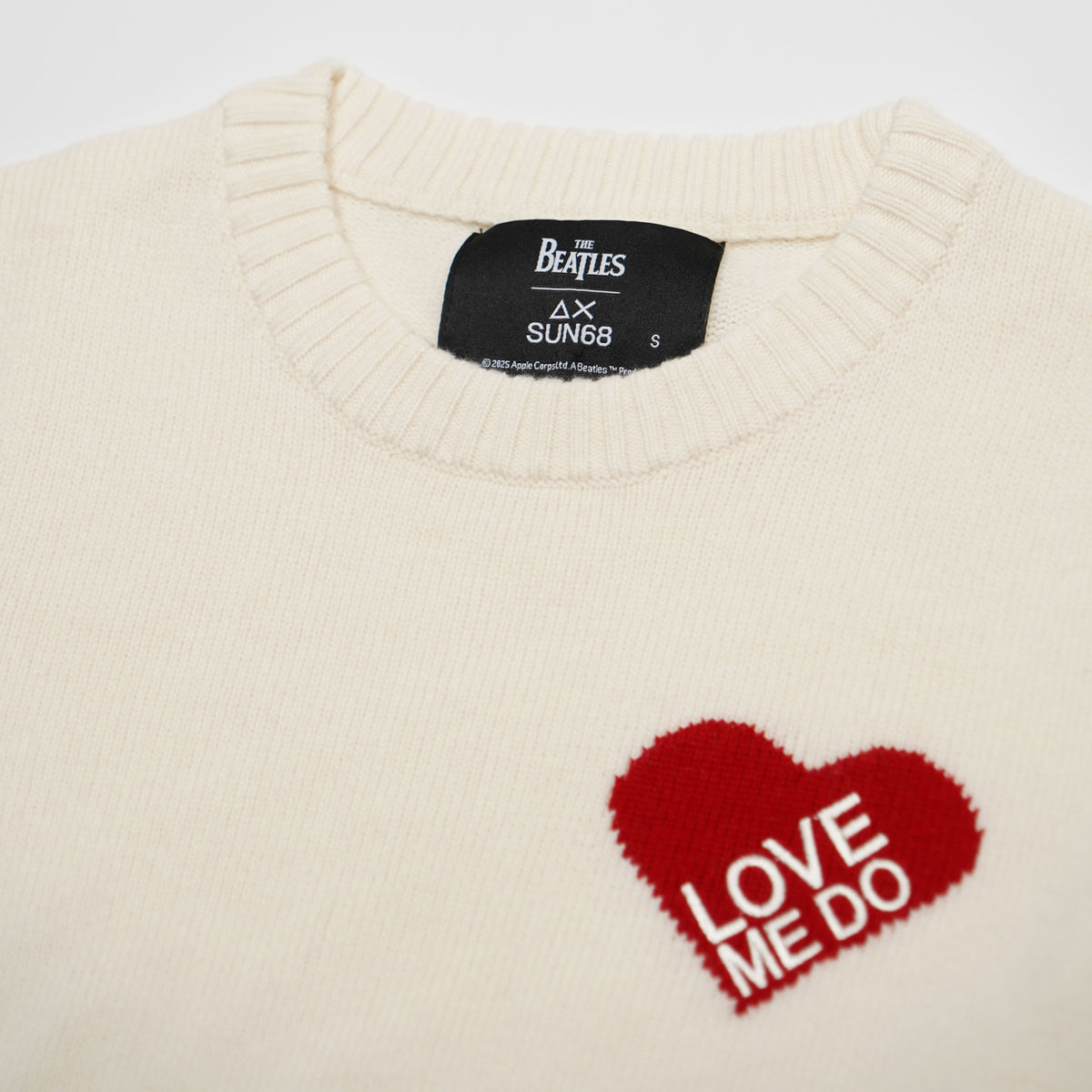 Maglione Girocollo SUN68 x The Beatles K46615 31 Bianco Panna in Lana e Cashmere con Cuore Rosso Love Me Do