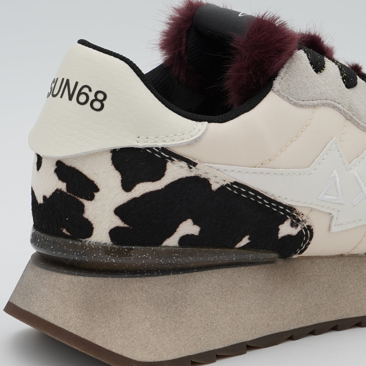 Sneakers SUN68 Stargirl Animalier Z46224 31 Bianco Panna in Nylon e Suede con Cavallino Pezzato, Linguetta in Pelliccia Sintetica e Suola EVA