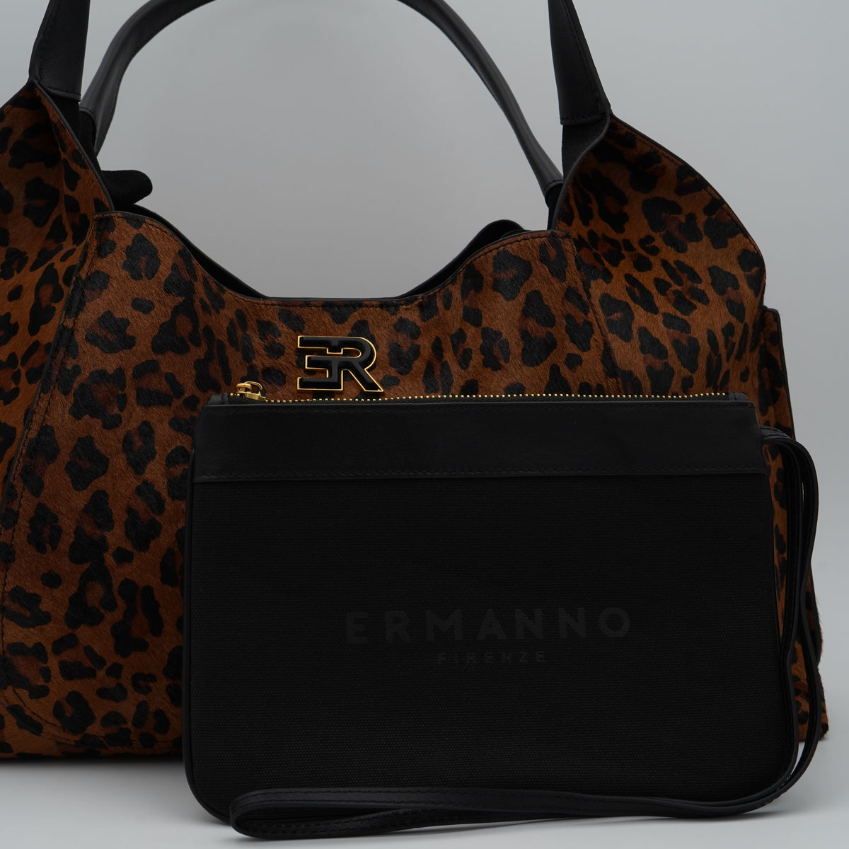Borsa Ermanno Firenze by Ermanno Scervino Candy Large Tote 12402307 Leopard Animalier in Cavallino con Doppi Manici e Logo Metallico Oro