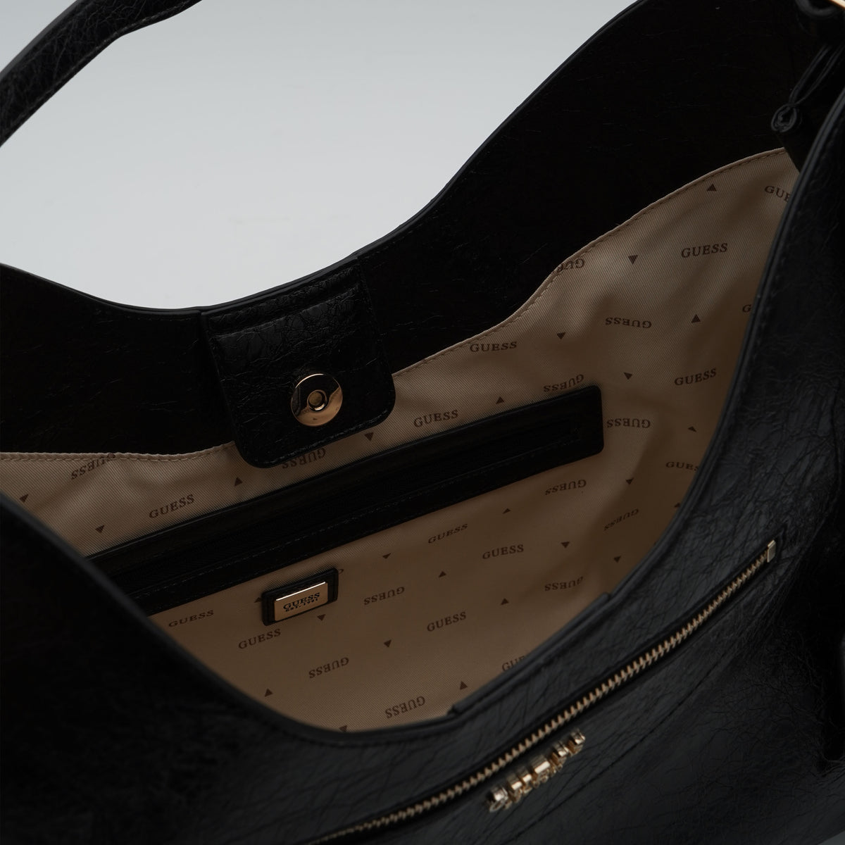 Borsa a Spalla Guess Antonia Large Hobo HWTG2183020 Black Nera Effetto Craquelé con Zip Frontale e Dettagli Dorati