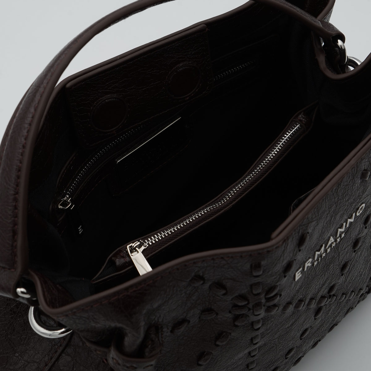 Borsa Ermanno Firenze by Ermanno Scervino brie Medium Tote 12402241 Marrone Scuro con Ricami Floreali Logo Metallico