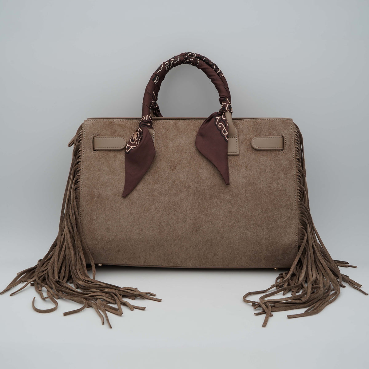 Borsa Rue Madam Paris Canyon Tote Fringes 1587 Suede Grey in Eco Suede con Frange, Twilly Animalier e Tracolla Removibile