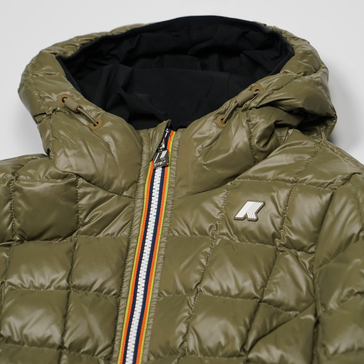 Giubbotto K-Way Denise ST Thermo Double K8134CW DBZ Nero e Verde Militare Reversibile con Cappuccio e Imbottitura in Piuma Naturale