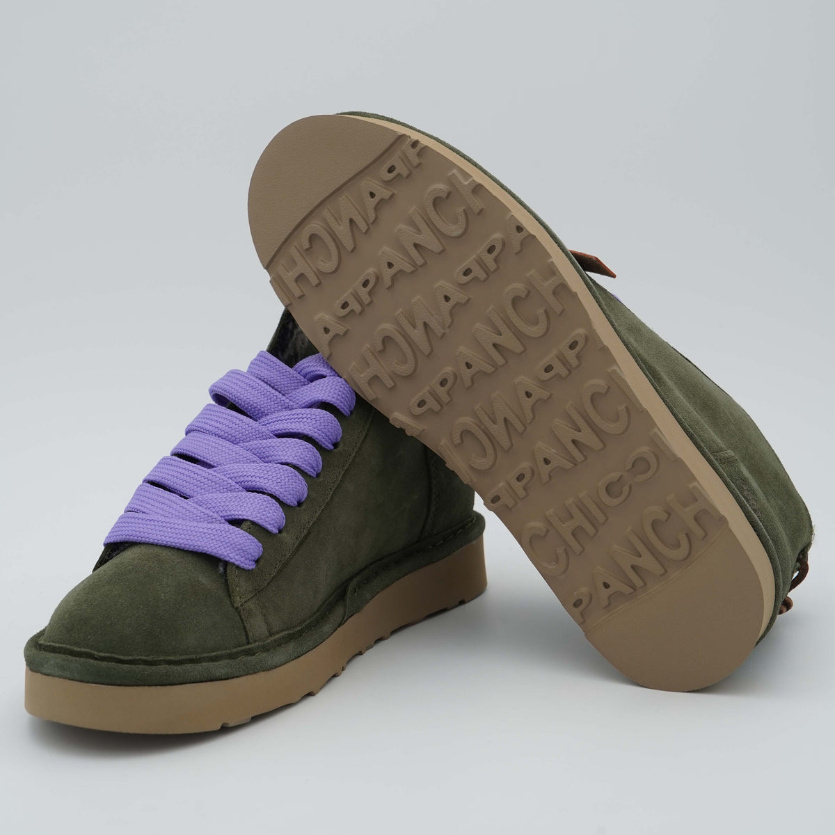 Polacchino Panchic P001 Icon P001W036 U007 in Camoscio Verde con Fodera Faux Fur, Lacci Lilla e Suola EVA
