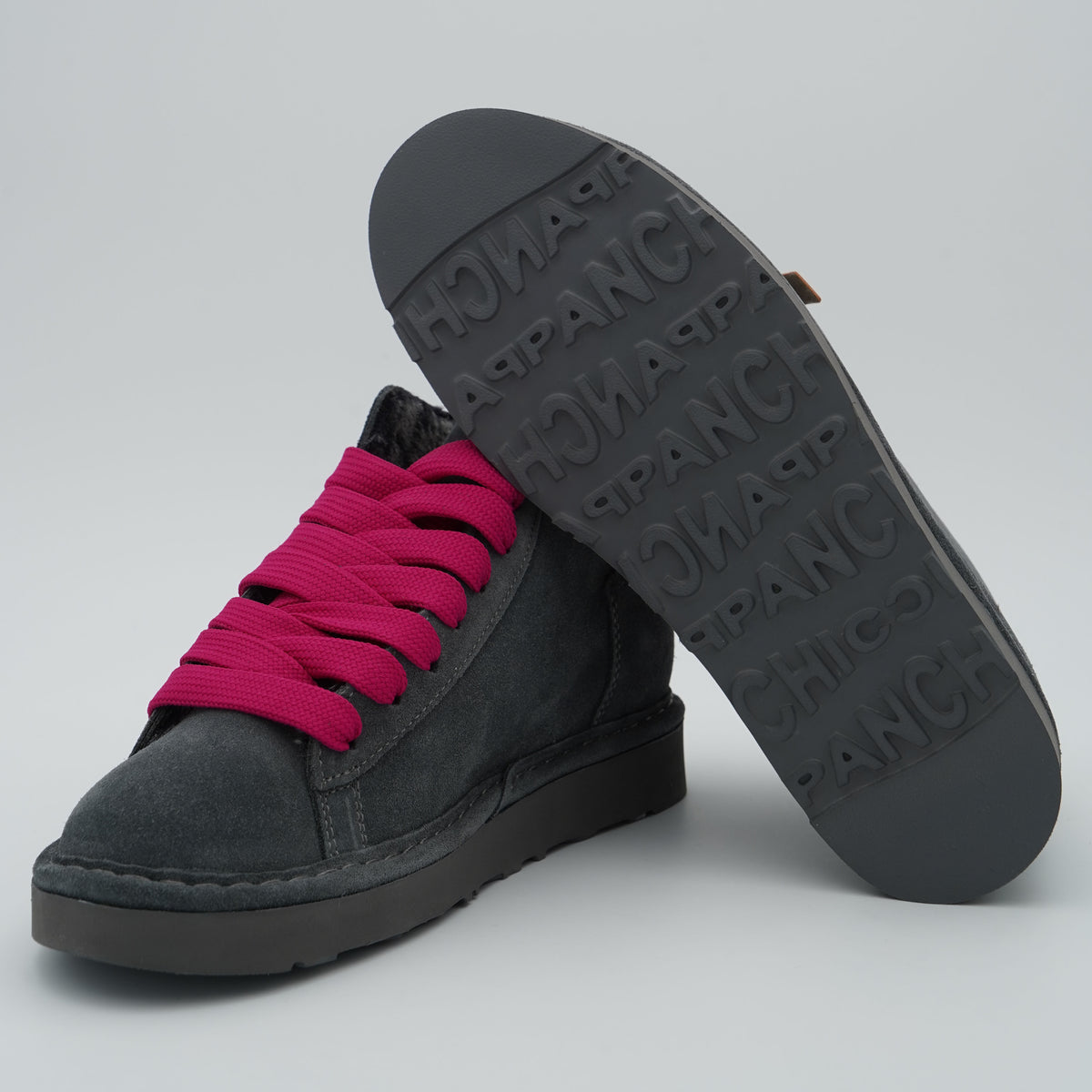 Polacchino Panchic P001 Icon P001W036 V006 in Camoscio Antracite con Fodera Faux Fur, Lacci Fucsia e Suola EVA