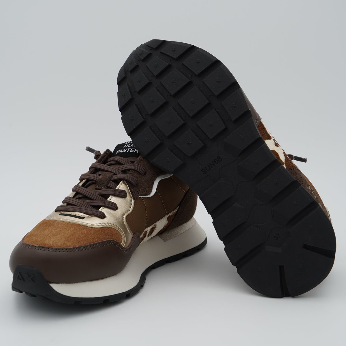 Sneakers SUN68 Ally Mix Materials Z46205 08 Marrone in Pelle, Suede e Cavallino Animalier con Suola Running in EVA
