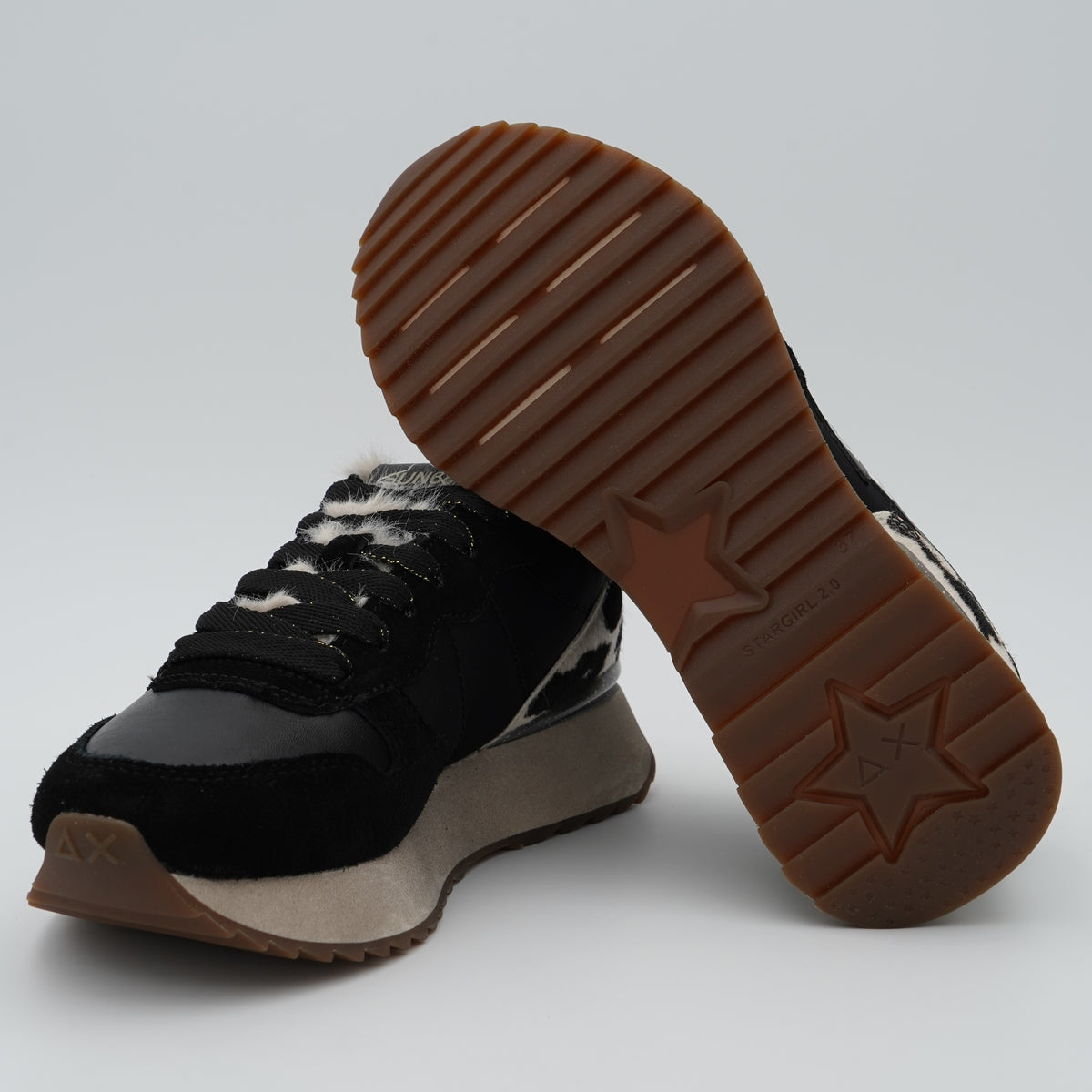 Sneakers SUN68 Stargirl Animalier Z46224 11 Nero in Nylon e Suede con Cavallino Pezzato, Linguetta in Pelliccia Sintetica e Suola EVA