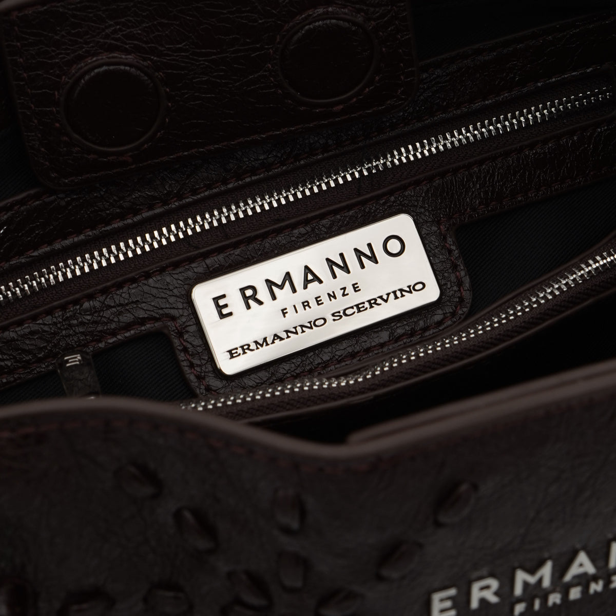 Borsa Ermanno Firenze by Ermanno Scervino brie Medium Tote 12402241 Marrone Scuro con Ricami Floreali Logo Metallico