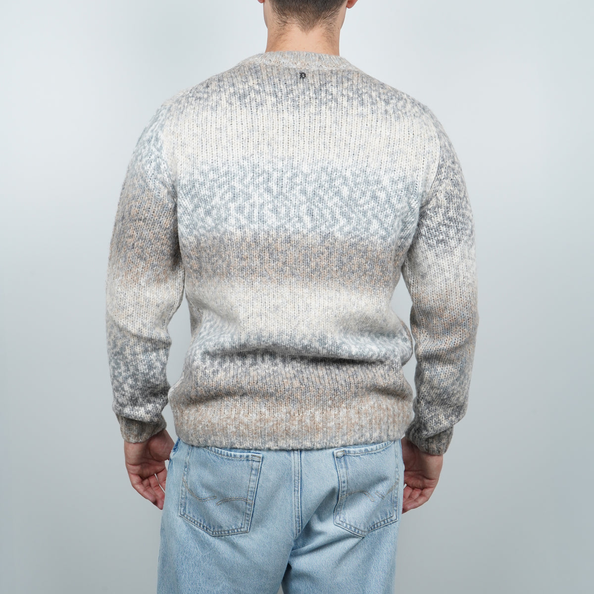 Maglione Dondup UT309 M01037U 002 920 Grigio Mélange Multicolore in Misto Lana e Alpaca con Girocollo, Maniche Raglan e Lavorazione Jacquard