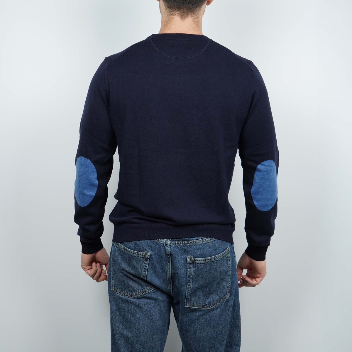 Maglione Girocollo SUN68 Sweater Elbow Contrast K46160-07 Navy Blue in Lana e Cotone