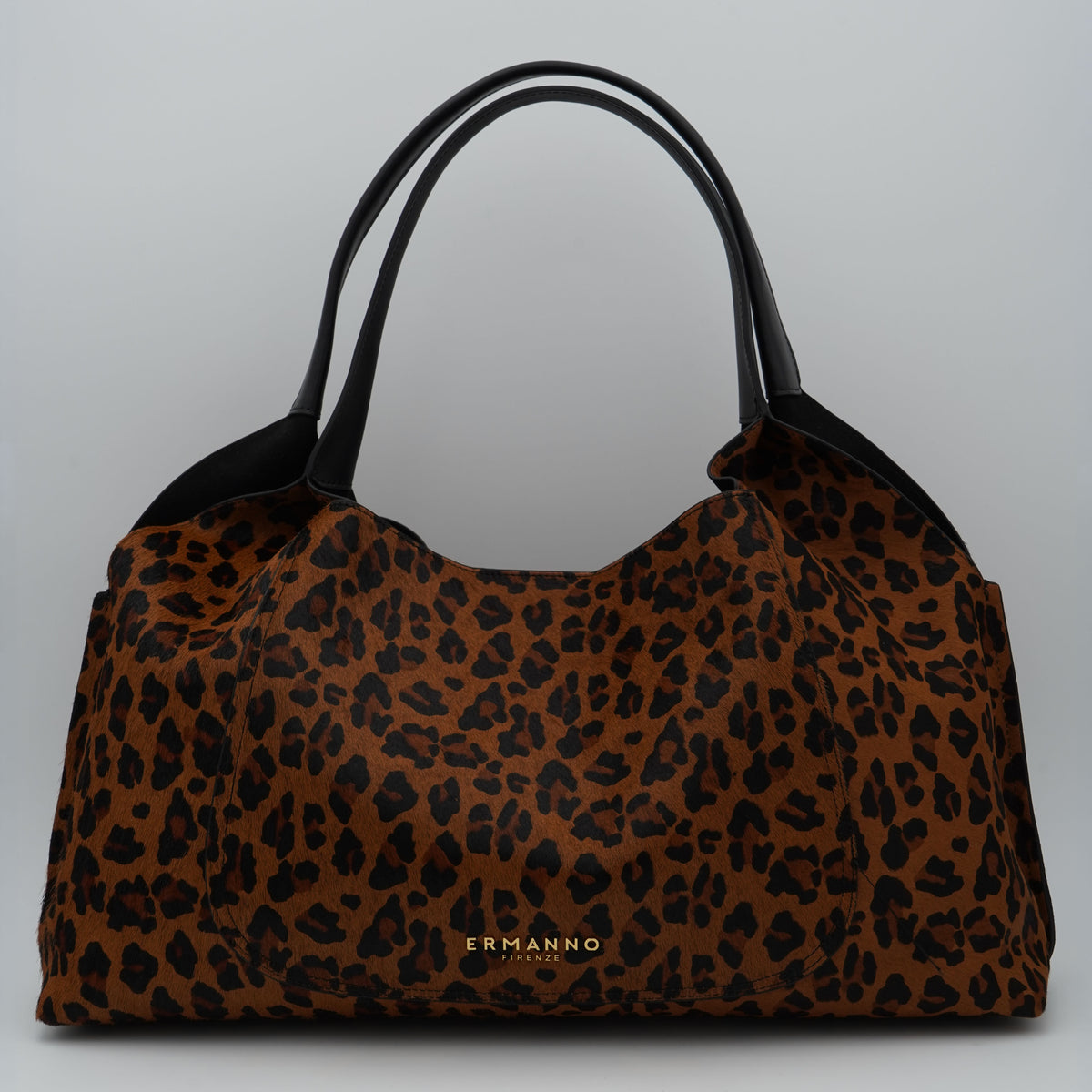Borsa Ermanno Firenze by Ermanno Scervino Candy Large Tote 12402307 Leopard Animalier in Cavallino con Doppi Manici e Logo Metallico Oro