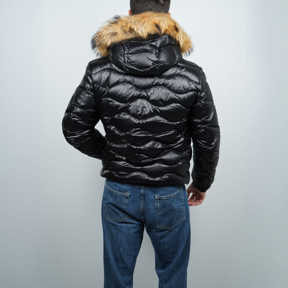 Piumino Blauer Wave Fur Nero Lucido con Cappuccio in Pelliccia Imbottito in Piuma